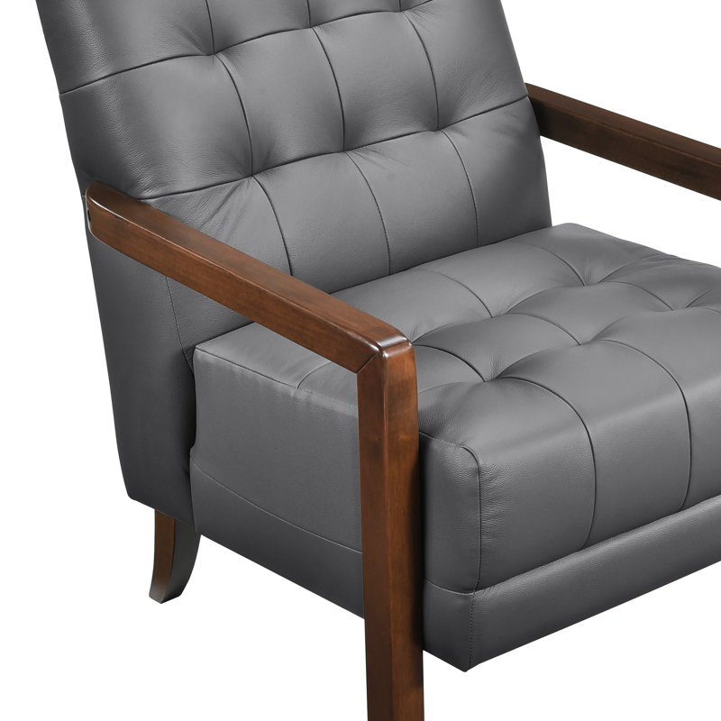 Dark Gray Leather Accent Chair With Detail, Plywood Frame, And Walnut Finish Contemporary In 100% Leather, Shell, Leg, Back, Seat