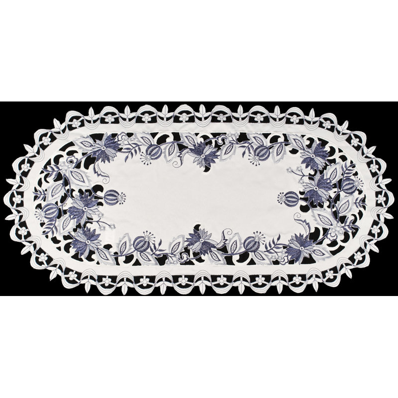 Ivory and Blue Embroidered Polyester Table Runner, 27" x 14"