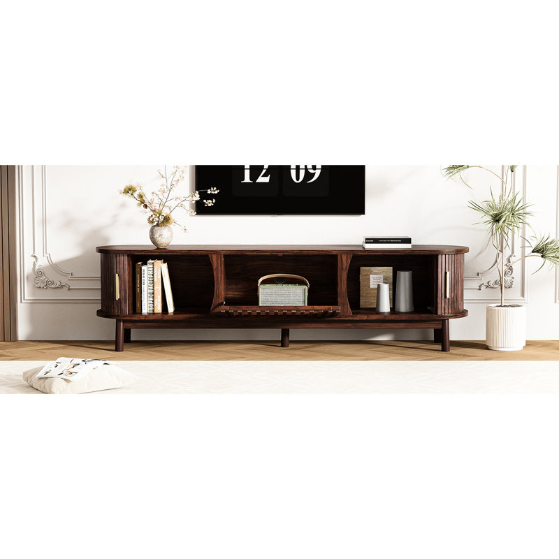 Meuble télé pour téléviseur de 75 po, fabrication en bois massif, portes coulissantes et rabattables, console élégante de 75 po, armoire en pin, compartiments de rangement pratiques