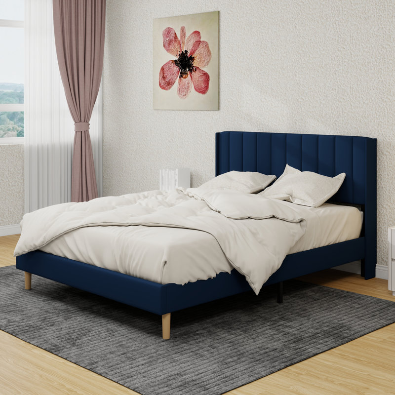 Upholstered Platform Bed Frame, Blue, Queen