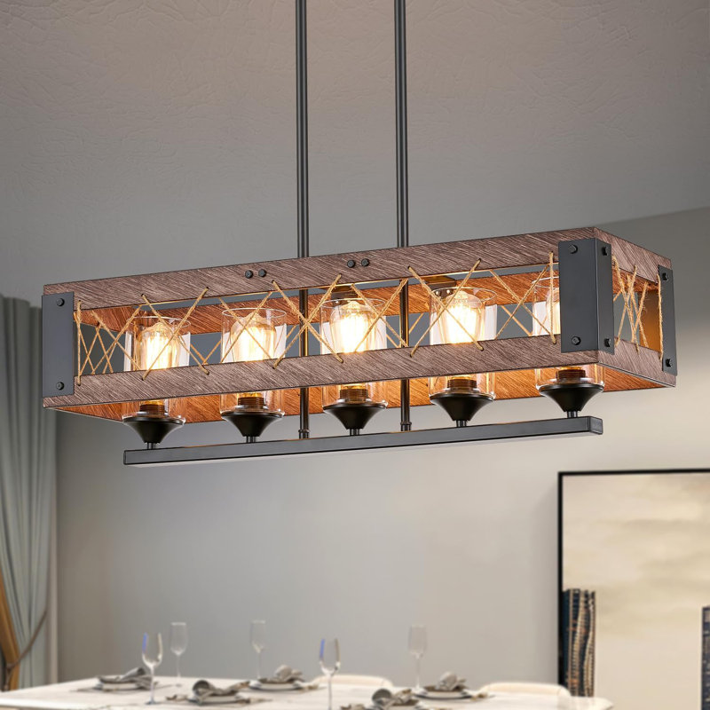 Luminaire suspendu de style campagnard à hauteur réglable, lustre rustique à 5 lumières pour îlot de cuisine et salle à manger, finition bois, compatible avec les ampoules E26