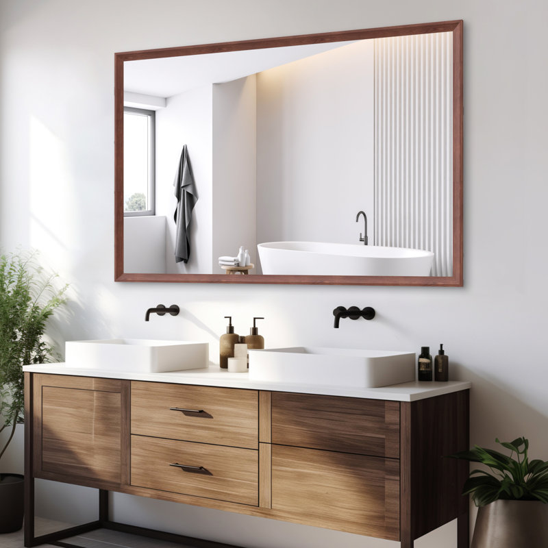 Très grand miroir de salle de bain rectangulaire surdimensionné de 60 po x 40 po avec cadre en aluminium noyer, pour salle de bain, salon, chambre à coucher, suspension verticale ou horizontale, mur pratique et fonctionnel
