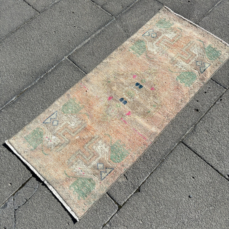 Vintage Turkish Anatolian Small Beige Rug for Entryway, Bedroom or Door Mat Decor