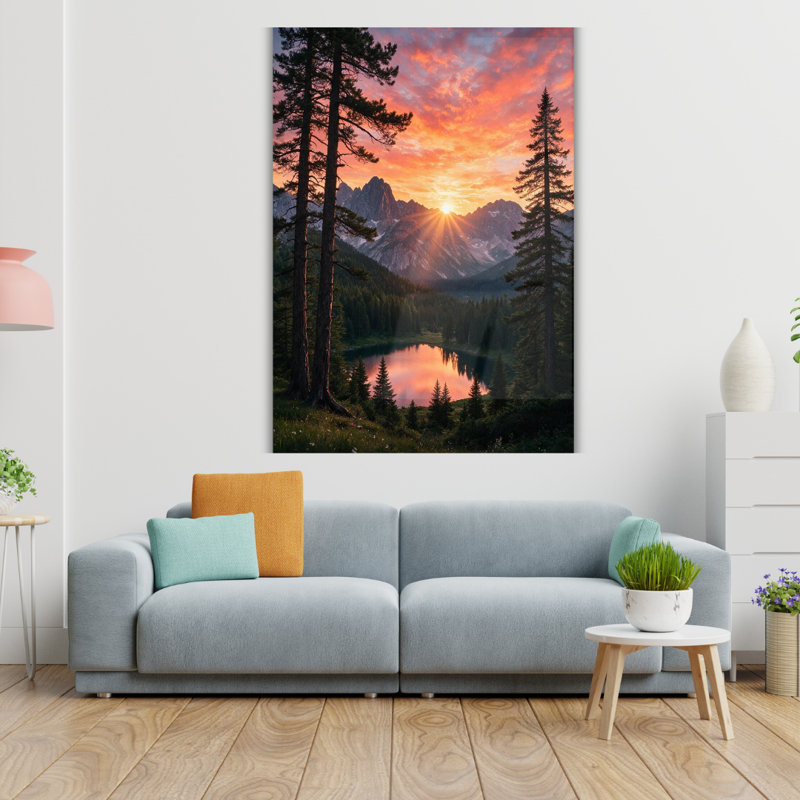 Art mural en verre trempé Mountain Lake Sunset, H 16 po x l 12 po