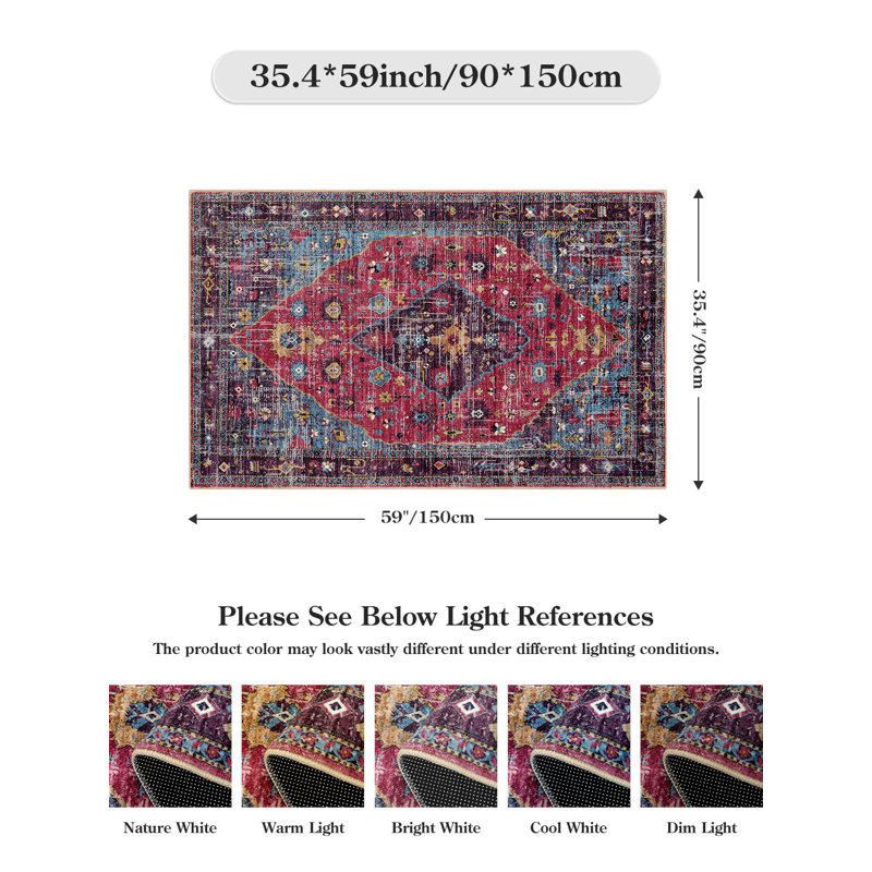 Tapis oriental lavable à la machine Watte, Rectangulaire 3 pi x 5 pi