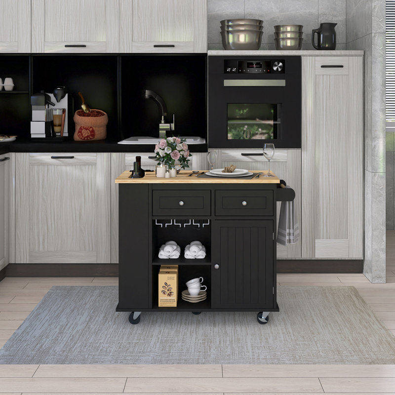 39.8" Rubber Wood Drop-Leaf Countertop Kitchen Cart With Open Storage And 5 Wheels, Black