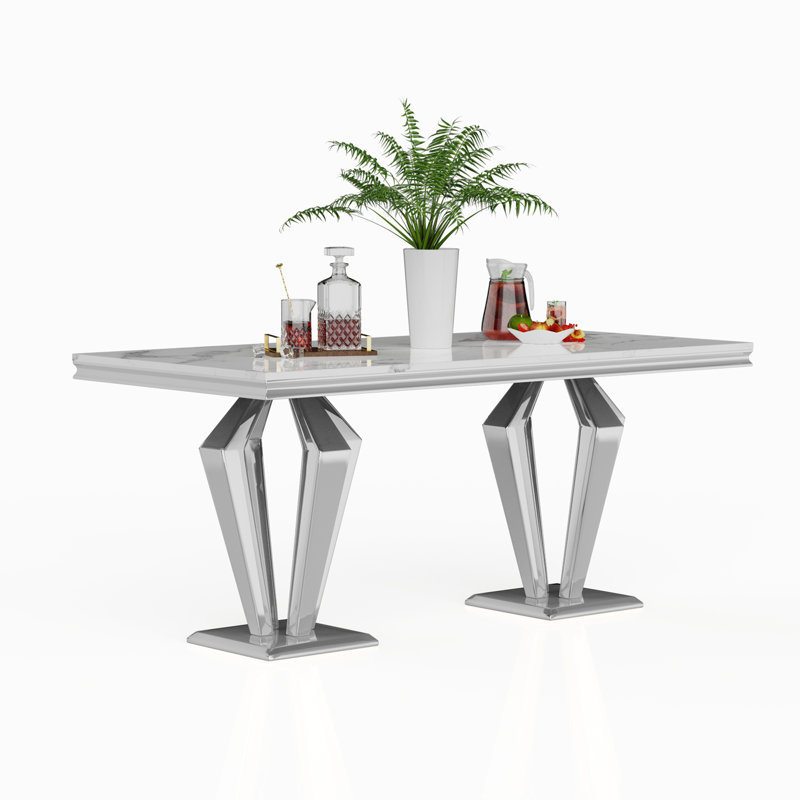 Leeanna Faux Marble Top Metal Base Dining Table, White, Silver