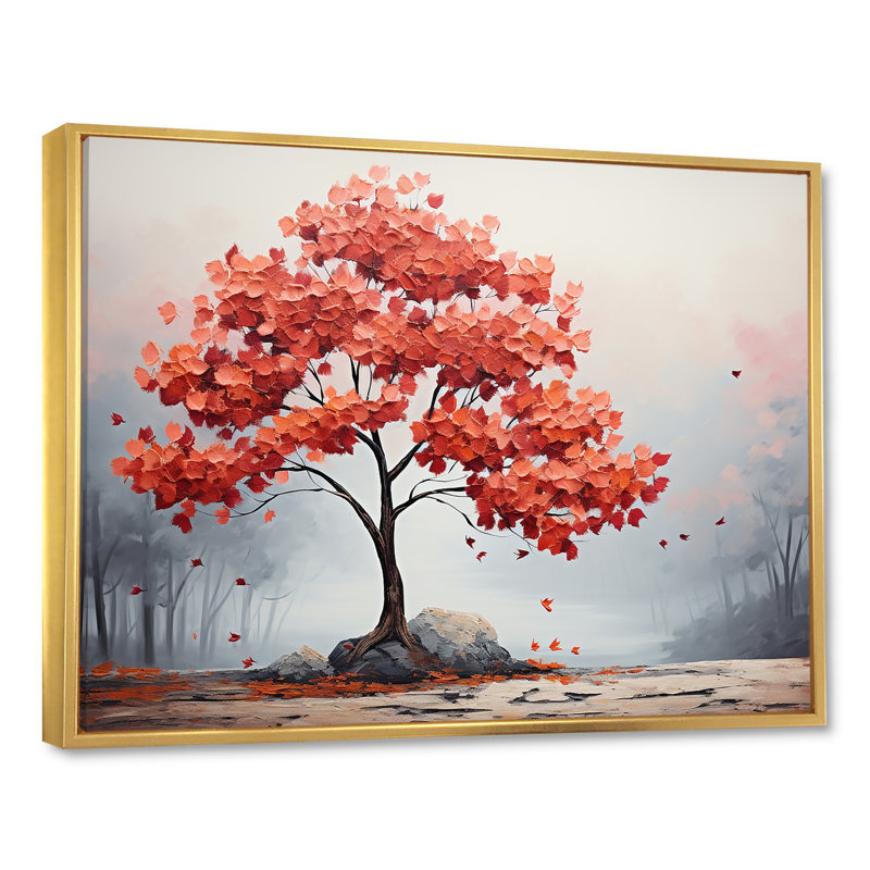 Fiery Red Maple Tree - Art mural érable, Cadre flottant doré, H 16 po x l 32 po x P 1 po