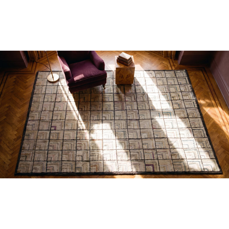 Light Ivory Color Antique American Folk Art Geometric Log Cabin Pattern Hooked Rug