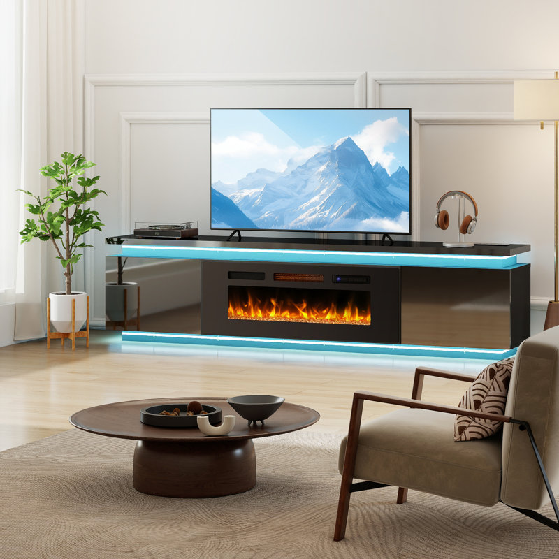 Meuble télé à DEL avec foyer électrique intégré (compatible avec les téléviseurs jusqu'à 90 pouces), console télé avec 4 prises secteur pour salon, noir
