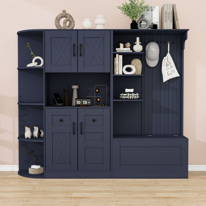 Armoire de vestibule multifonctionnelle avec rangement et crochets, combinaison 2 en 1 gauche-droite, Bleu antique