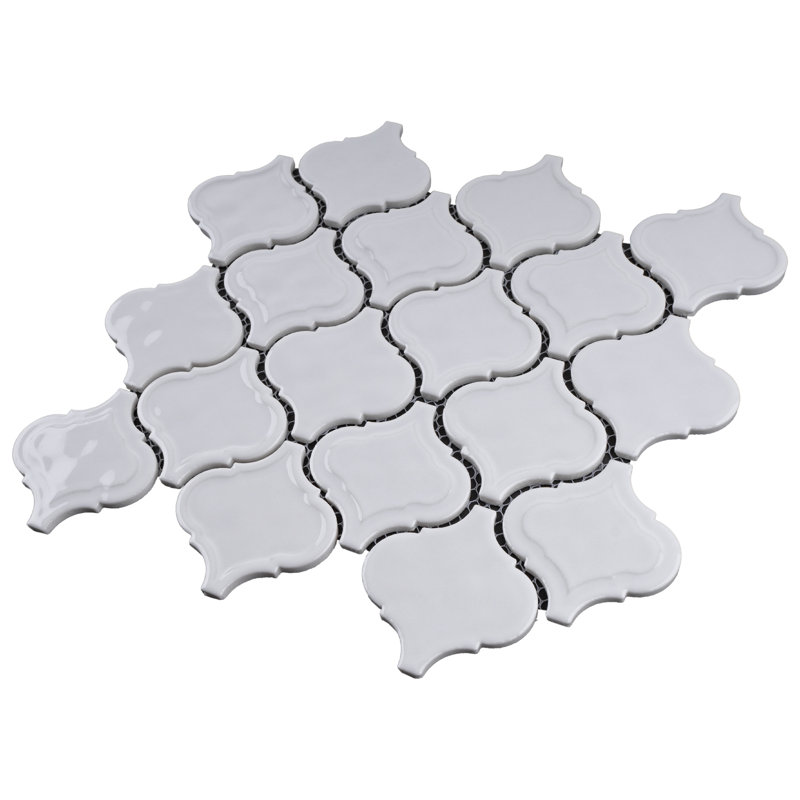 Classic 10.36 in. x 9.38 in. Arabesque Glossy Glass Mosaic Tile, White