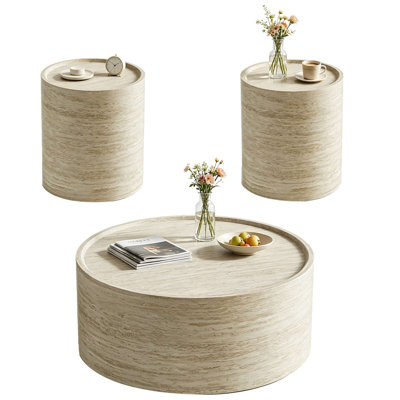 Ensemble de 3 tables basses rondes modernes en travertin de 72 cm (28,35 po), ensemble de 3 tables gigognes tambour avec coins sécurisés, ensemble de 3 tables minimalistes pour salon, aucun assemblage requis