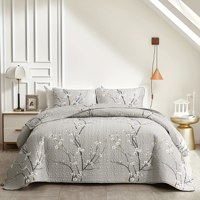 Polyester Percale Floral Quilt, Twin Quilt + 2 Standard Shams, Gray