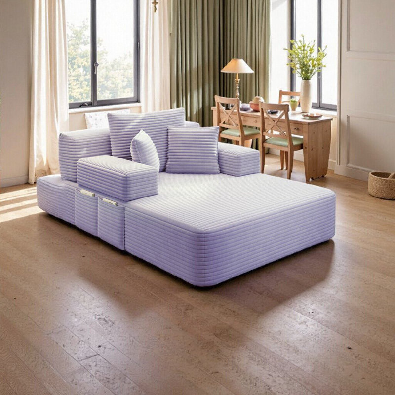 Chaise longue convertible Resta en velours côtelé duveteux avec poches de rangement et 3 coussins, Mauve