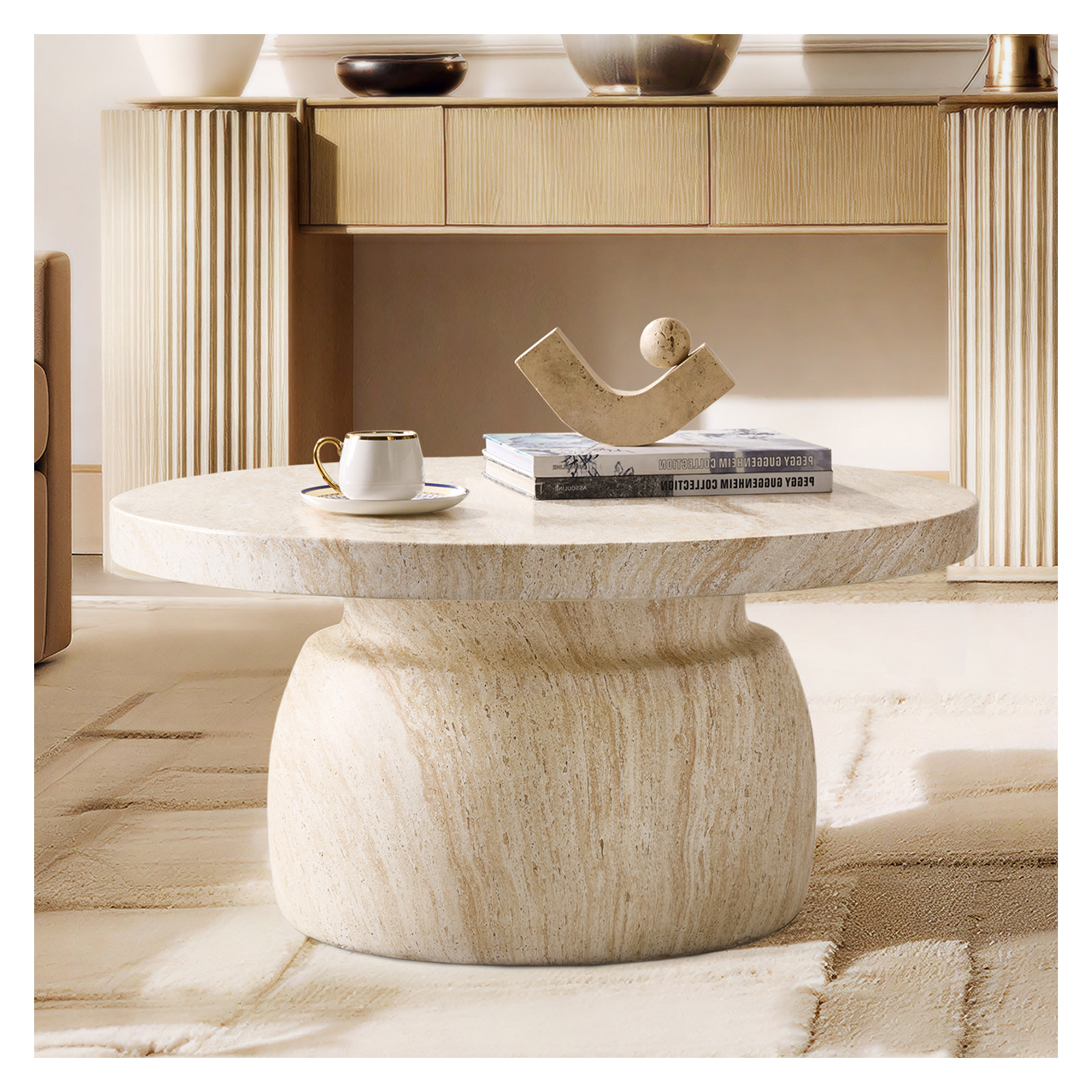 Watterson Andolise Modern 31.5"W Faux Travertine Simple Assembly Round Coffee Table, Natural