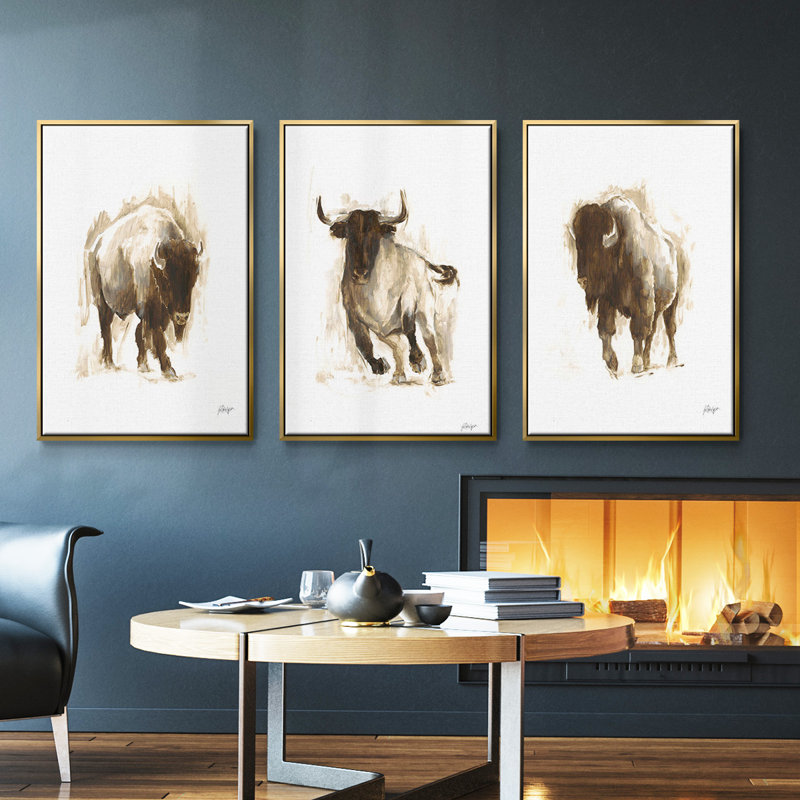Rustic Bison I, ensemble de 3 toiles encadrées sur toile, Or, H 40 po x l 78 po