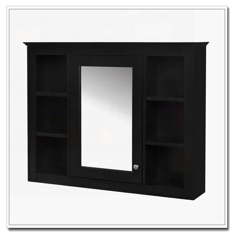 35" x 27.5" Wall Bathroom Cabinet with Mirror,Cabinet,6 Open Shelves, Black
