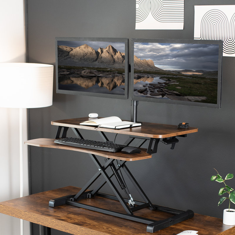32" Standing Desk Converter with Dual Monitor Mount DESK-V000K-M2 Series, Vintage Brown/Black