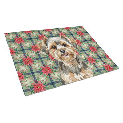 Yorkiepoo Christmas PoinsettIas Glass Cutting Board