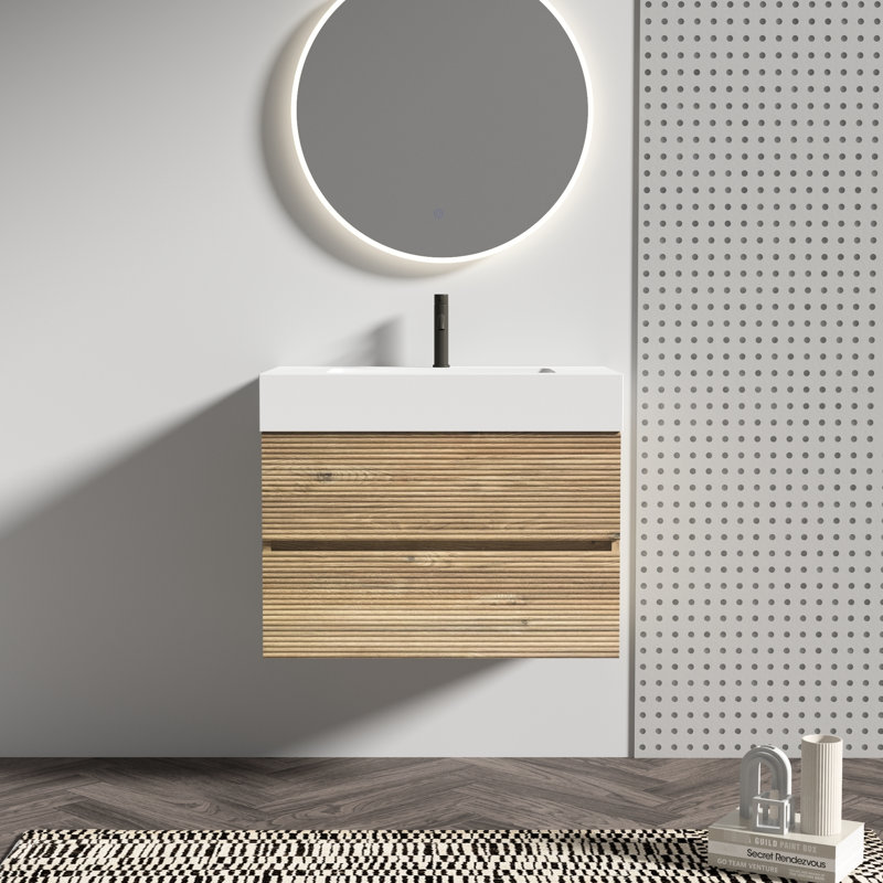 Meuble-lavabo mural flottant, attrait esthétique en chêne, ensemble de performance de tiroir silencieux, panneaux E1, plan de conception de bassin en une pièce, impact visuel, fonction, structure