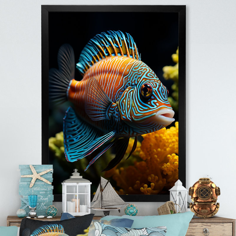 " Corals Butterflyfish Aquamarine Adventure ", 32" H x 16" W x 1" D, Black Single Picture Framed