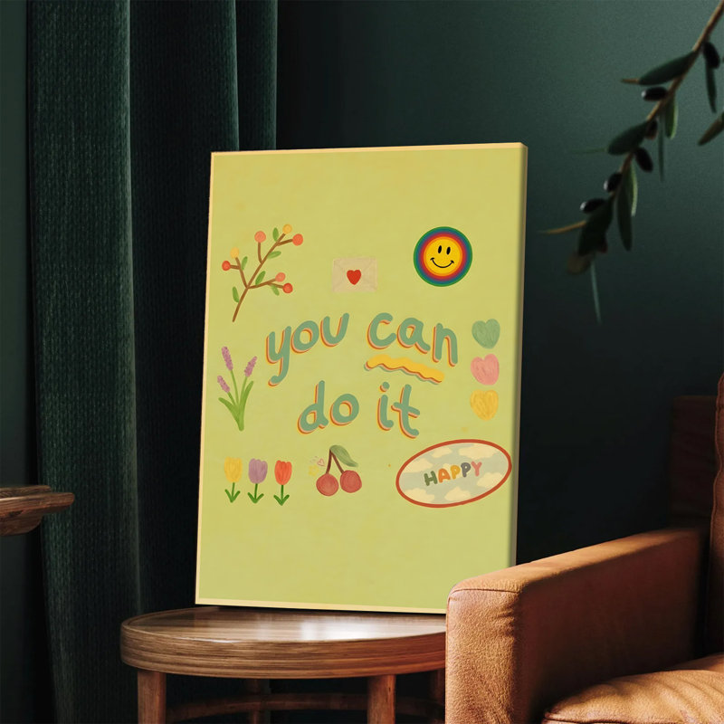 Affiche murale encadrée (1 pièce), décoration murale inspirante avec la citation « Tu peux le faire », un smiley, des fleurs et un cœur - Tableau sur toile motivant pour la décoration de la maison, du salon, de la chambre, du bureau, impression d'art décoratif positive