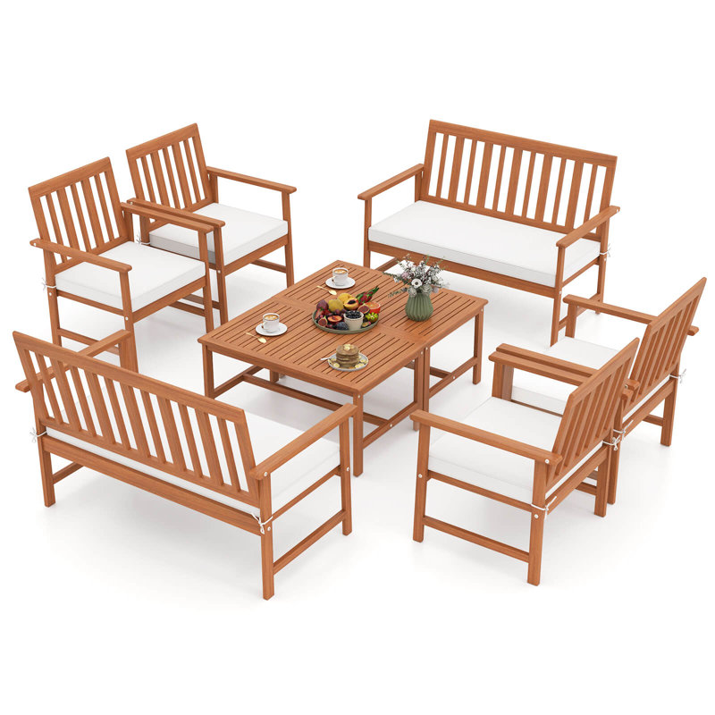 8 Pcs Acacia Wood Furniture Set 2 Coffee Tables & 4 Armchairs With Seat Cushions