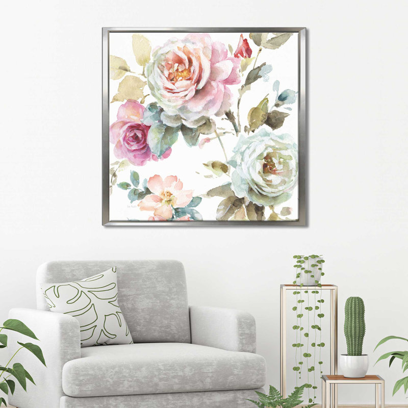 «Beautiful Romance V», reproduction de peinture à l'aquarelle, H 27,5 po x l 27,5 po x P 2 po, Cadre flottant argent