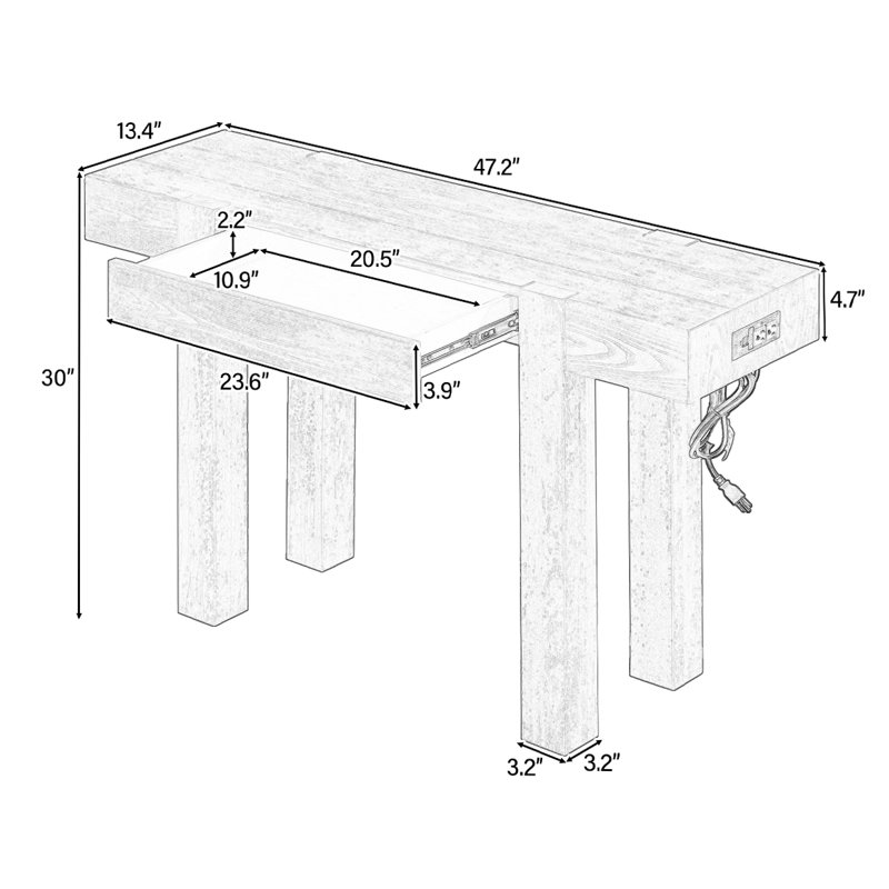 Thick Solid Wood Entryway Table With Charging Ports And Hidden Storage Drawer|Timeless Minimalist Style, Natural Wood