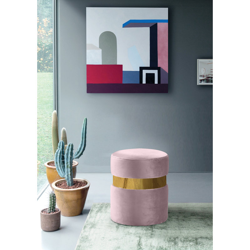 Hailey 14.5" Wide Velvet Round Cocktail Ottoman, Gold, Pink Velvet