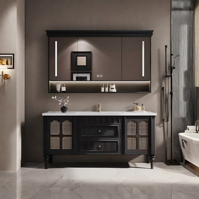39.76"Black Solid Wood Rubberwood Freestanding Bathroom Washbasin Vanity With a Mirror Cabinet