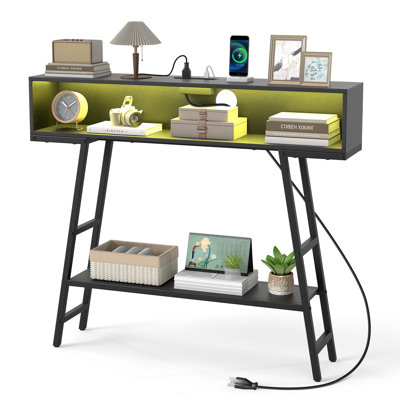 40 Inch Console Table with Power Outlets, 3-Tier Entryway Table with RGB LED Shelf Brown & Black/Black/White & Gold