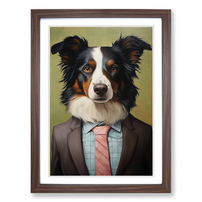 Border Collie In A Suit Painting No.4 - Single Picture Frame Print on Wood, Walnut Framed, 46cm H x 34cm W x 2cm D