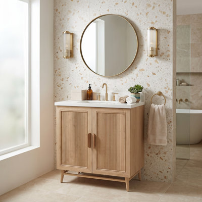 Light Coffee Solid Wood Freestanding Single Sink Vanity with White Engineered Top