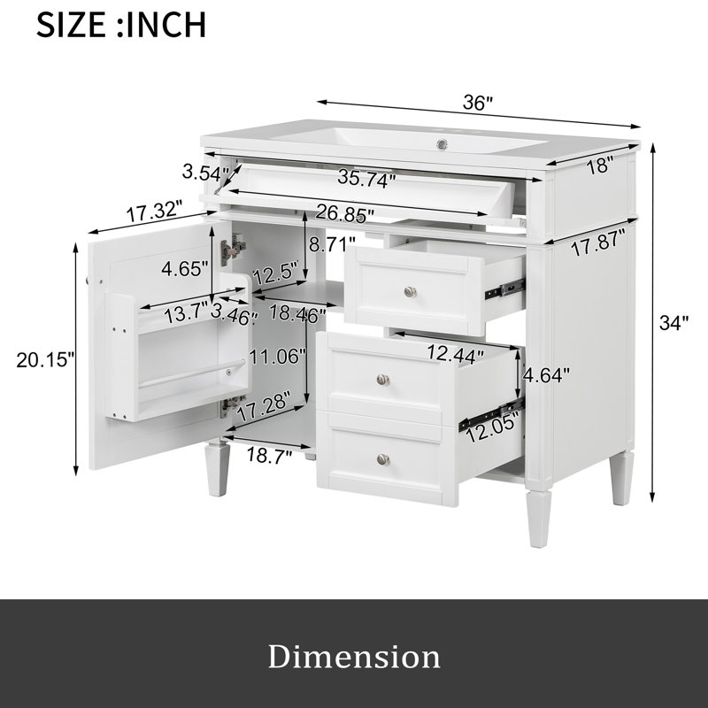 Meuble-lavabo de 36 po avec lavabo supérieur, meuble-lavabo moderne avec 2 tiroirs et tiroir escamotable, meuble-lavabo simple