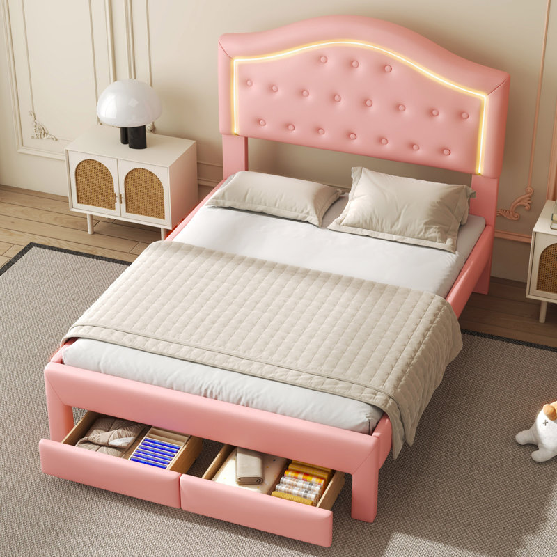 Lit avec rangement et tête de lit capitonnée, DEL, Lit double, Rose