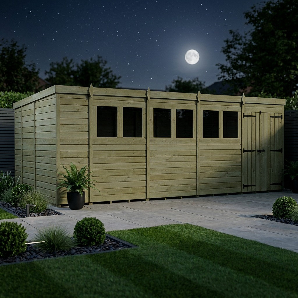 Total Sheds 18ft x 9ft Pent Garden Shed - Double Door - With Windows - Pressure Treated Timber - UK Manufactured