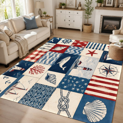 Tapis en patchwork nautique (1 pièce) - Lavable, facile d'entretien, grand format et mince, avec dos antidérapant, idéal pour le salon, la chambre, la cuisine et le bureau. Usage intérieur.