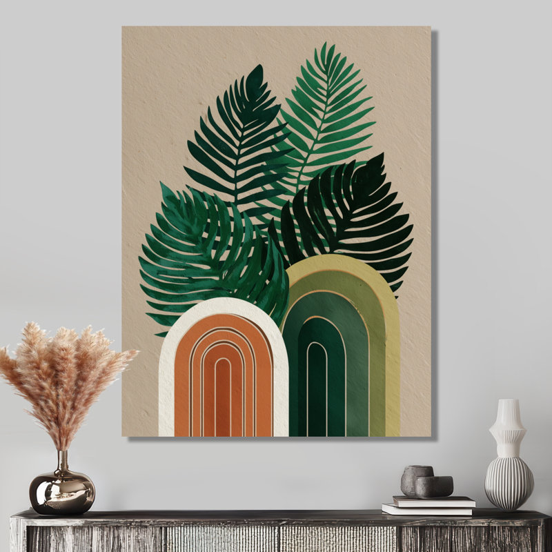 Composition de palmiers vert brun et minimalisme - Art abstrait Mid-Century, L 30 po x H 40 po