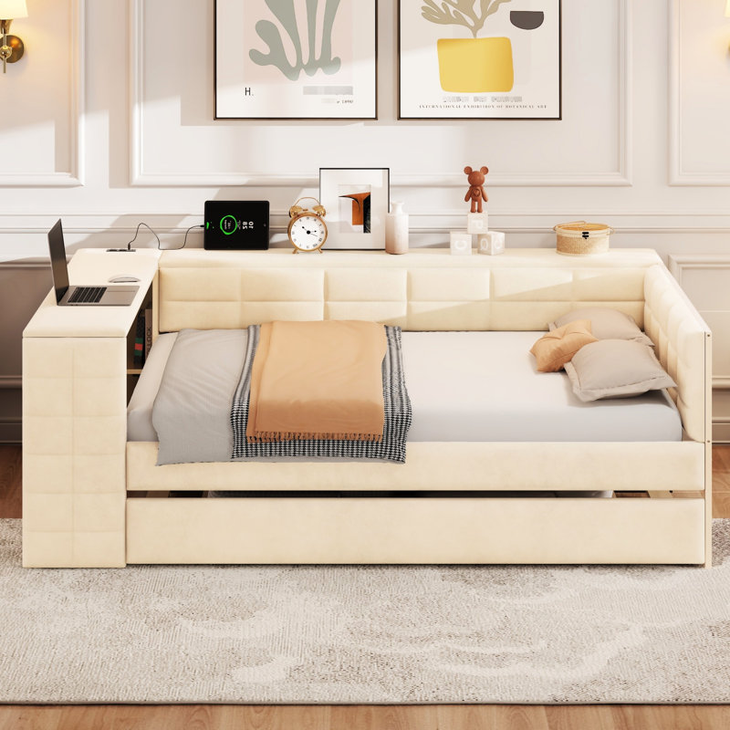Beige Full Size Upholstered Bed With Built - In Storage Shelves And Charging Station, Trundle For Friends Platform Shelves, Desk, Station Twin Trundle, Comfortable Velvet Upholstery, Ample Storage,