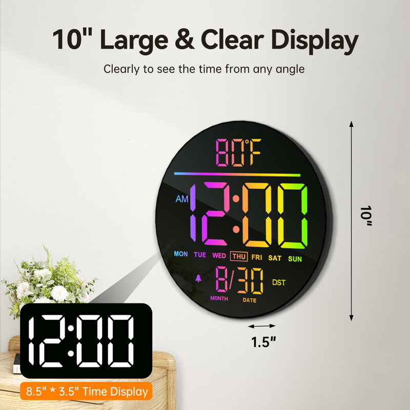 10" Large Digital Wall Clock With Seconds, Alarm Countdown Timer, Big LED Display, RGB Color, DST, Temperature, Mounted For Bedroom Living Room Office Classroom Gym, Xmas Birthday Gift, White