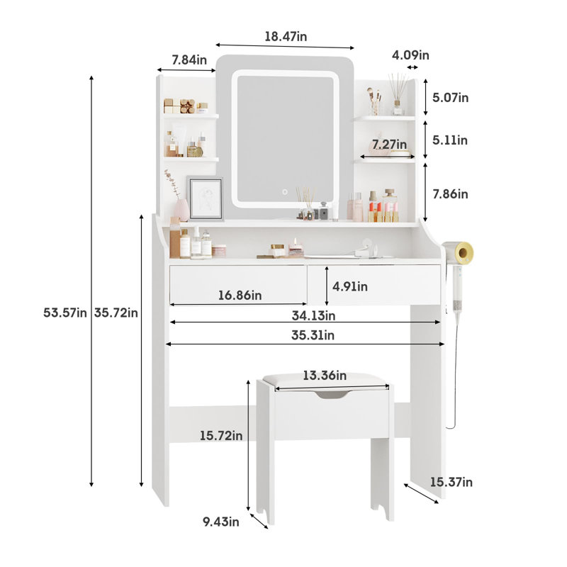 Vanity Desk With Led Mirror & Power Outlet