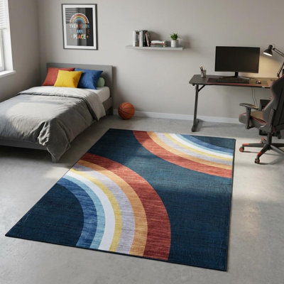 7' X 10' Navy Red and Orange Juvenile Rainbows Youthful Area Rug