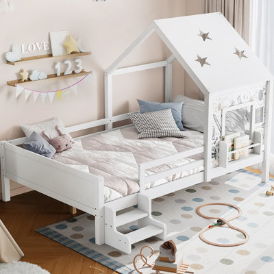 Full House Bed With Low-Profile Stairs, Window, Bookcase, And Blackboard Design, Solid Wood, No Box Spring Needed, White