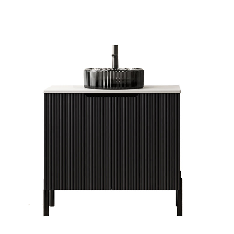 Élégant meuble-lavabo avec vasque en verre cristal noir, style français pour les salles de bain modernes