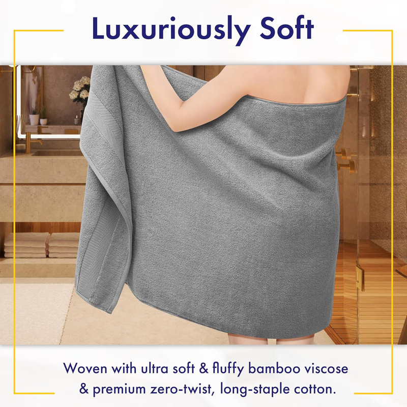 6 Piece Bamboo Viscose Zero Twist Cotton Towel Set Ultra Soft Absorbent Odor Resistant OEKO-TEX Certified with Hanging Loops