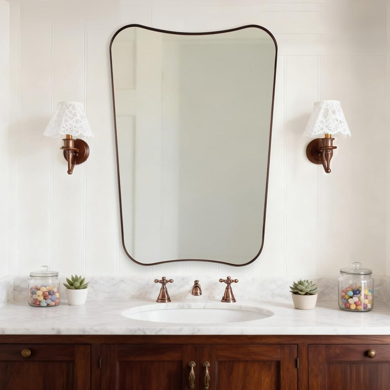 Contemporary Concave Scalloped Irregular Bathroom Vanity Mirror | Stainless Steel Frame, 30" x 22", Brushed Bronze