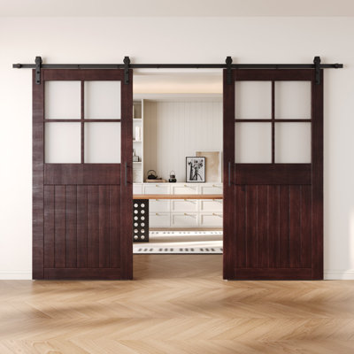 Portes de grange non assemblées et finies en verre givré double 36 po x 84 po Homacer Red Homacer