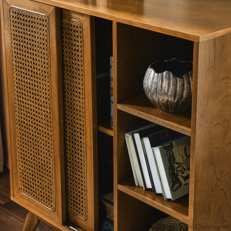 Light Walnut Rattan Sideboard Cabinet with Solid Wood Feet